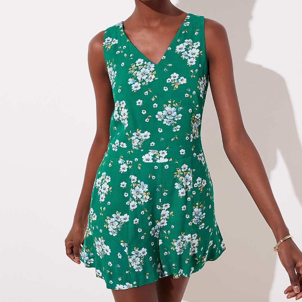 LOFT Floral V-Neck Romper in Kelly Green